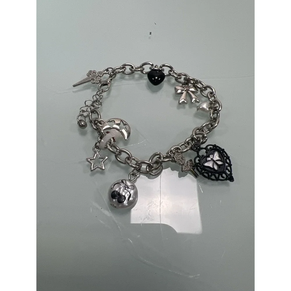 Silver‎ Tone Charm Bracelet Adjustable Chain Butterfly Cherry Star Charms